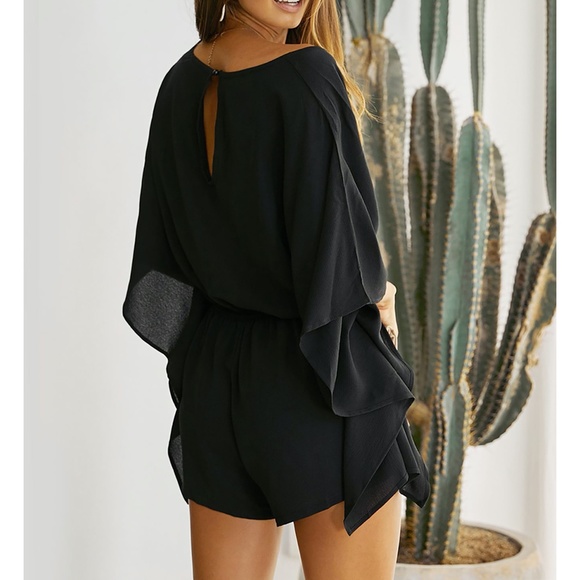Black Batwing Sleeve Drawstring Chiffon Romper - Picture 2 of 5